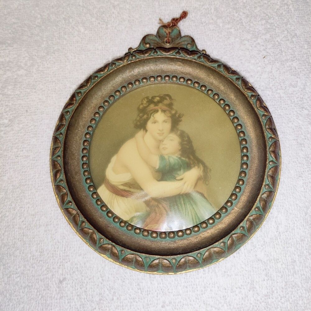 Antique "The Artist and her Daughter" by Le Brun In Carved Wooden Frame 6"